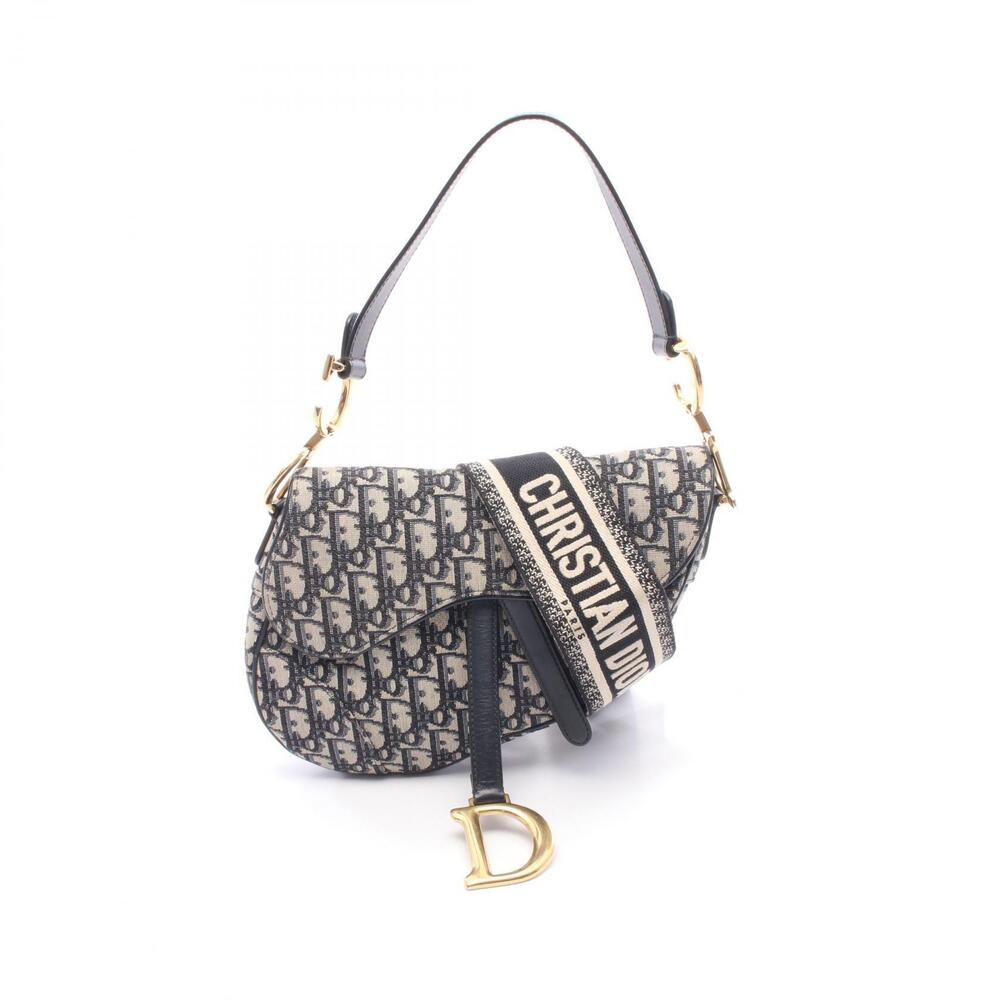Christian Dior Saddle Oblique Canvas Leather Navy Beige Shoulder Bag Blue Tan